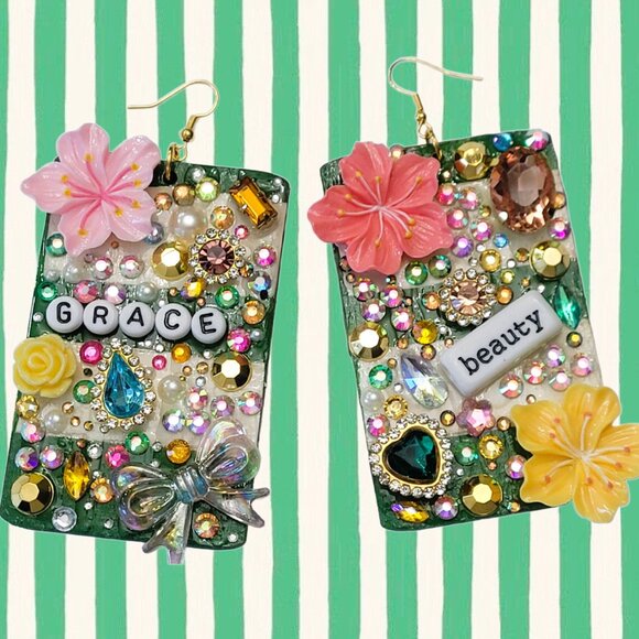 Handmade Statement Earrings – Funky Anchor Beaded Wood Dangles, Boho Artsy Jewel - Picture 3 of 3